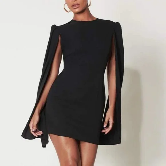 Black Open Back Zip Up Cloak Sleeve Mini Dress - Picture 2 of 6